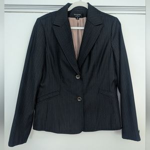 Women's dark gray suit, light blue & tan pinstripe, pants & skirt